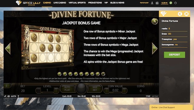 Divine Fortune Jackpot Bonus Game Info